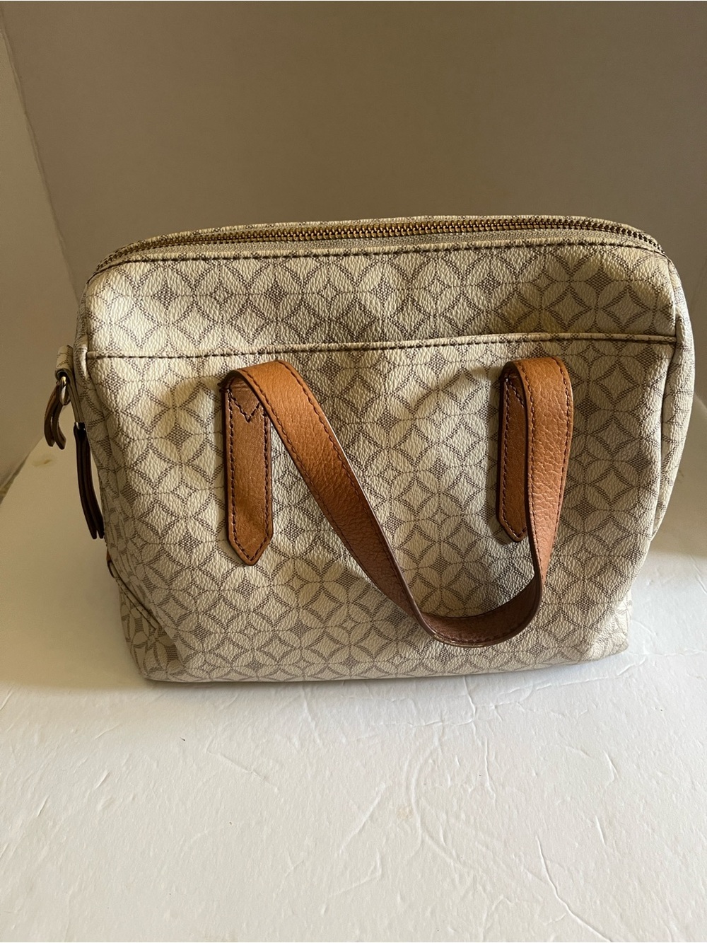 Fossil Beige Patterned handbag with Brown Leather Trim